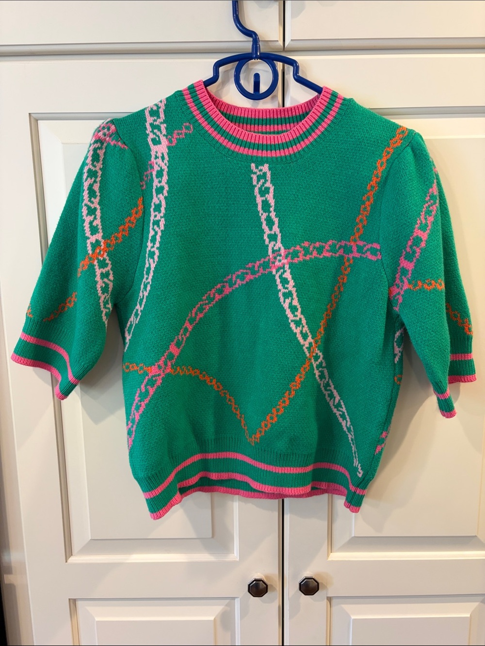 THML Green Short-Sleeve Crew Sweater with Pink & Orange Trim
